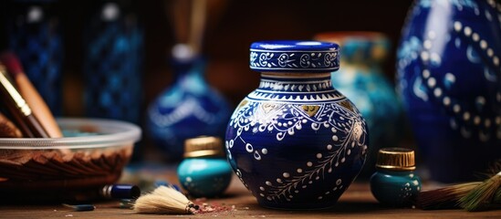 Handcrafted decorative blue pottery with intricate brush-painted designs - obrazy, fototapety, plakaty