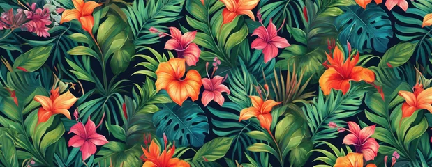 Fototapete Tropical exotic pattern with animal and flowers in bright colors and lush vegetation. Ai Generative. © Mix and Match Studio