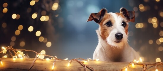 Jack Russell dog enjoying Christmas holidays with fairy lights, looking cute.