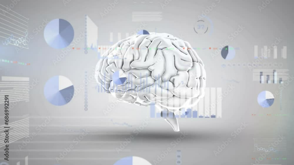 Poster animation of data processing over human brain on grey background