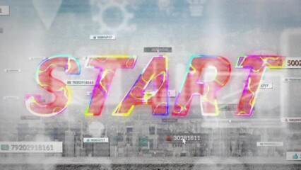 Animation of start text, with social media notifications, wifi icons and data over cityscape - Powered by Adobe