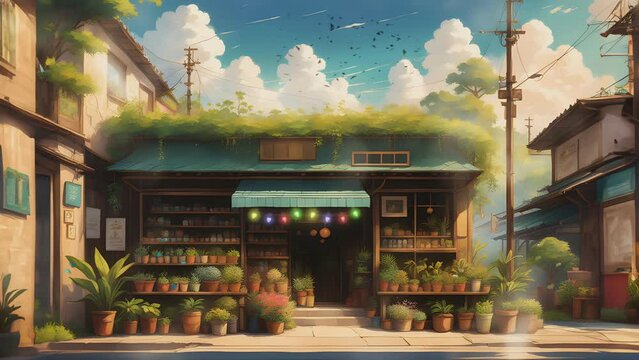Plants and flowers shop in morning view. Cartoon or Japanese anime watercolor illustration painting style. seamless looping 4K virtual video animation
