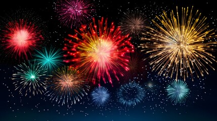 Naklejka premium Sparkling colorful fireworks explode in a myriad of colors against a dark blue sky, perfect for festive and New Year themes