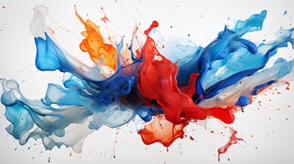 a dynamic image of vibrant red and blue paint splashes colliding on a pristine white canvas, frozen in time.