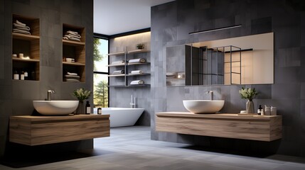 Obraz na płótnie Canvas Modern rustic bathroom design featuring wooden elements, white vessel sinks, and brick walls illuminated by pendant lights