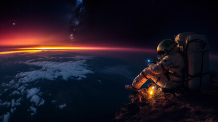 Naklejka premium An Astronaut Contemplates the Sunrise Over the Earth from Outer Space