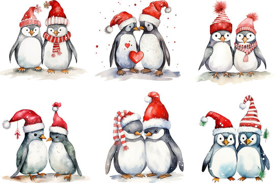 watercolour couple penguin with christmas festive