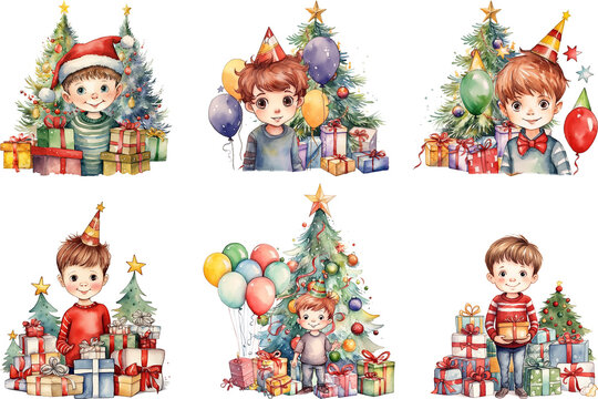 Watercolor Christmas Little Boy Celebration Happy Holiday.