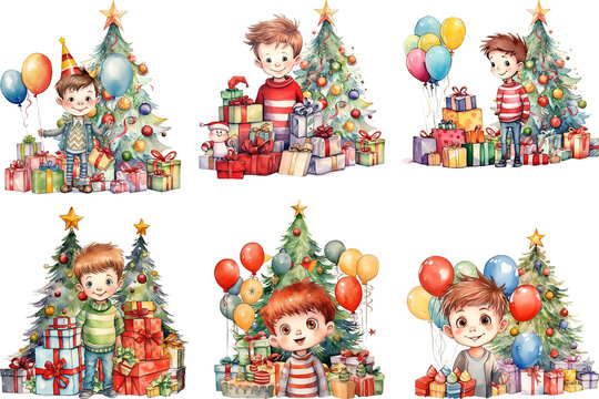 Watercolor Christmas Little Boy Celebration Happy Holiday.