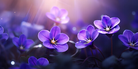 Gorgeous purple flowers, showing support for International Women's Day on March 8th, are presented with a vibrant and slightly unfocused background,Purple Pansy On Black Background