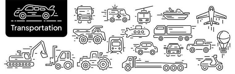 Icon set land, air and sea transportation. white background black icon line