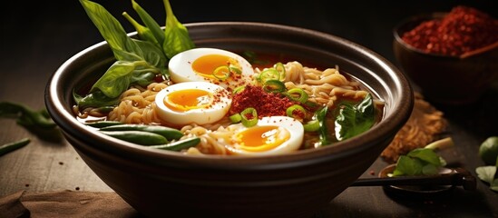 Hand-held bowl of Asian spicy instant noodle soup with bok choy and boiled egg. - obrazy, fototapety, plakaty