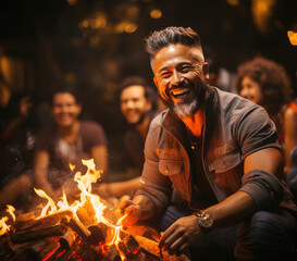 Smiling man enjoying a great time with friends around a campfire at a casual outdoor evening gathering.