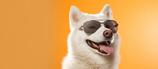 radiant glow of the sun, a young and happy Husky wears sunglasses with a funny twist, while a white Shiba background plays in sheer delight, creating a cute, playful and fun portrait of these adorable