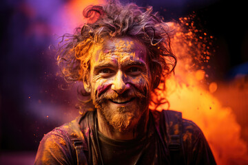 Joyful man covered in vibrant colors celebrating the Holi festival, exuding happiness and festive spirit.