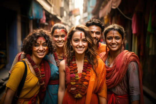 A group of joyful friends celebrating Holi, the traditional Indian festival of colors, smiling in a vibrant urban setting.