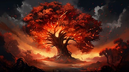 a lively and dynamic scene featuring a fiery tree covered in flaming orange, deep red, and golden leaves, symbolizing the vitality and energy of nature.