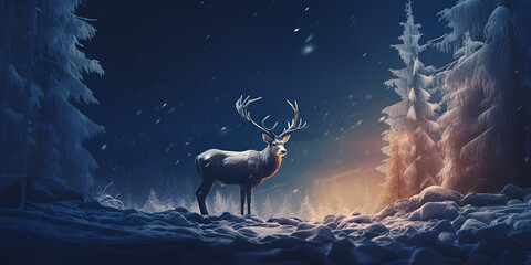 Merry Christmas Deer,Deer in a winter snowy forest ,Christmas scene ,