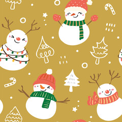Seamless Pattern with Cartoon Snowman and Christmas Tree Design on Color Gold Background