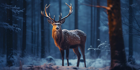 deer in the forest,Deer in a dark forest,Deer in the woodsgenerative ai,Magic winter forest with deer and lights Illustration AI Generative
