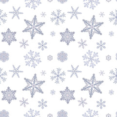 Hand drawn watercolor snowflakes, blue silver water ice crystals frozen in winter. Illustration isolated seamless pattern, white background. Design for holiday poster, print, website, card, invitation
