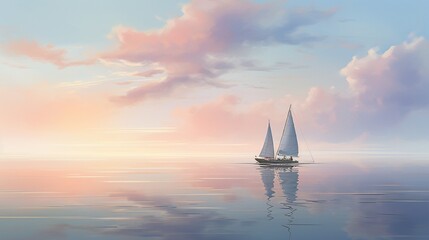 a lone sailboat rests at anchor, the soft pastel colors of the sky mirrored on the calm water, and pelicans gracefully gliding nearby. - obrazy, fototapety, plakaty