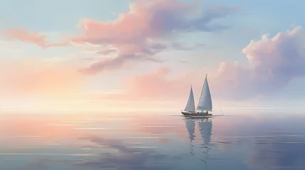 Poster a lone sailboat rests at anchor, the soft pastel colors of the sky mirrored on the calm water, and pelicans gracefully gliding nearby. © baloch