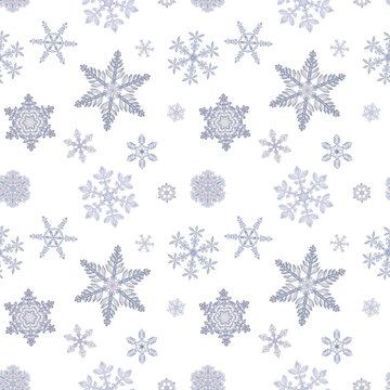 Hand drawn watercolor snowflakes, blue silver water ice crystals frozen in winter. Illustration isolated seamless pattern, white background. Design for holiday poster, print, website, card, invitation