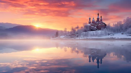 Fototapeten Beautiful Winter Landscape with a Church © LadyAI