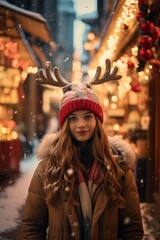 Girl wearing a reindeer beanie, standing in a street with Christmas shops, cozy lights, snowy day. New Year's concept.