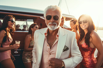Wealthy senior man at luxury yacht party, billionaire summer cruise vacation, with beautiful girls - obrazy, fototapety, plakaty