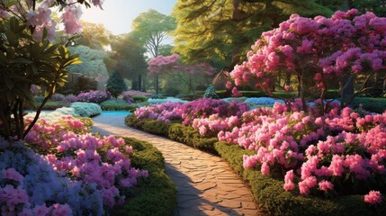 A lush garden with blooming pink and blue flowers, the vibrant colors creating a vivid and refreshing natural landscape.