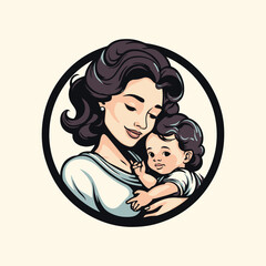 Mother holding her baby in her arms. Vector illustration in cartoon style.