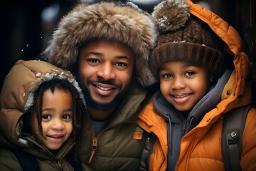 Happy afro american family having fun on a snowy street and smiling joyfully: family day, new year and christmas holidays. Generation Ai