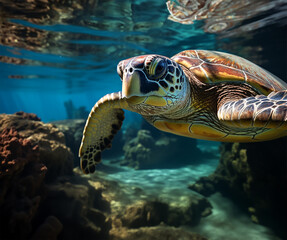 Fototapeta premium an adult green sea turtle gracefully swimming near a sandy reef