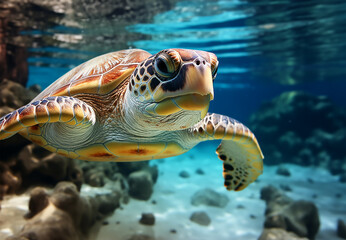 Fototapeta premium an adult green sea turtle gracefully swimming near a sandy reef