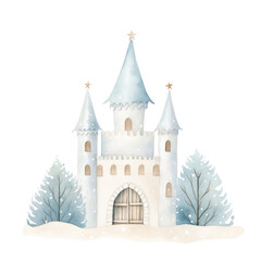 Fototapeta premium Watercolor illustration of winter castle isolated on background.