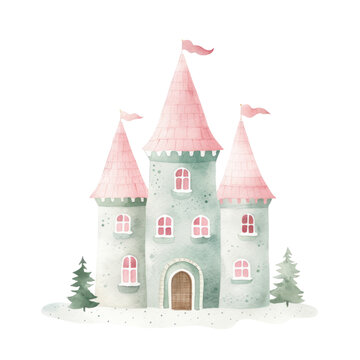 Watercolor illustration of winter castle isolated on background. © yelosole