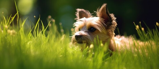 On a beautiful summer day, a cute purebred dog played tall green grass, its fur catching the sunlight, making its color even more vibrant. It seemed to be enjoying its vacation, exploring the outdoor