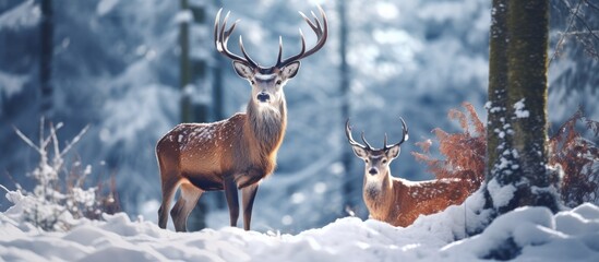 Male and female Red deer, a large species in the forest, found in oak trees on Studen Kladenec mountain in the Eastern Rhodopes of Europe. Snowy habitat, winter fauna.