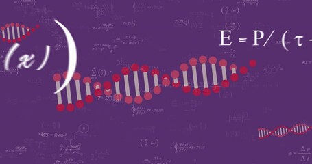 Animation of dna chains and mathematical equations on purple background - Powered by Adobe
