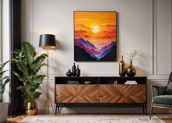 cozy and chic living room with stunning sunset over mountains artwork