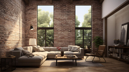 A 3D rendering of a loft-style room