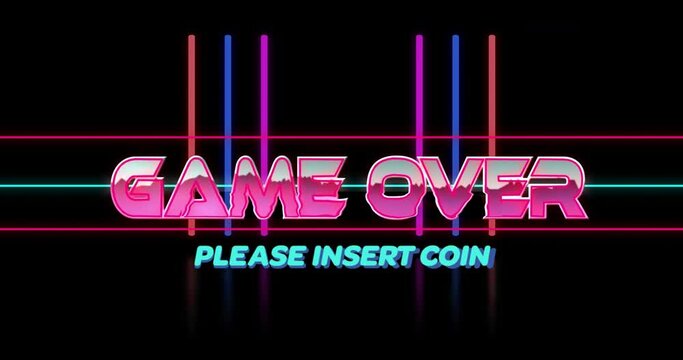 Animation of game over please insert coin text over colourful lines on black background