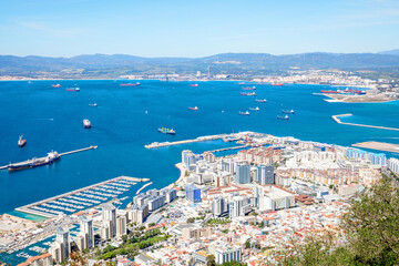 Aerial view of Gibraltar, Algeciras Bay and La Linea de la Concepcion from the Upper Rock. View on...