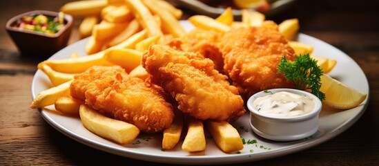 Photo of fried fish and chips with tartar sauce on white plate on kitchen table. - obrazy, fototapety, plakaty