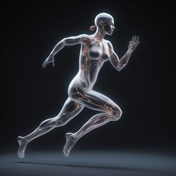 a woman running with dots and lines