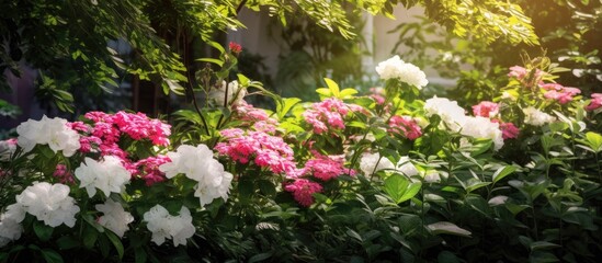 Fototapeta na wymiar serene background of a garden, amidst the vibrant green plants and blooming flowers, the pink petals of a white floral plant paint a picturesque summer scene in harmony with natures colors and the
