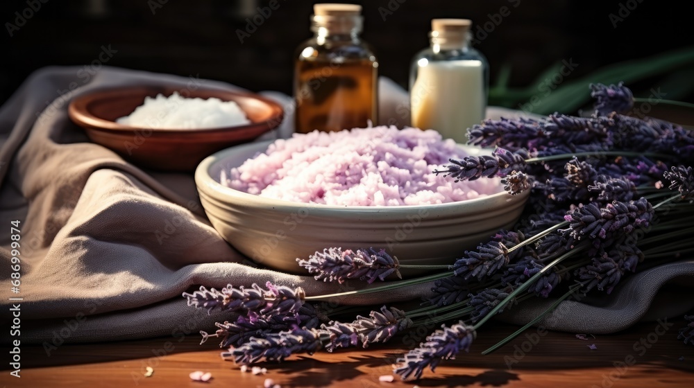 Wall mural Lavender on table with products for skin care