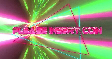Animation of please insert coin text over colourful lights on black background